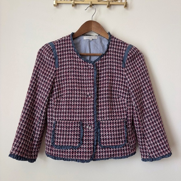 Sandro Tweed Jacket 36 Chambray Ruffle Trim Blue Red - Picture 1 of 9